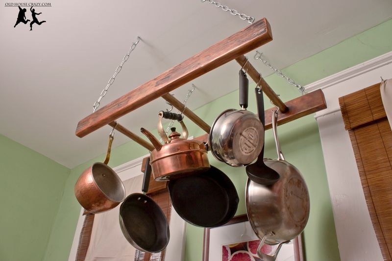 Wooden Pot Rack Hanging from Ceiling