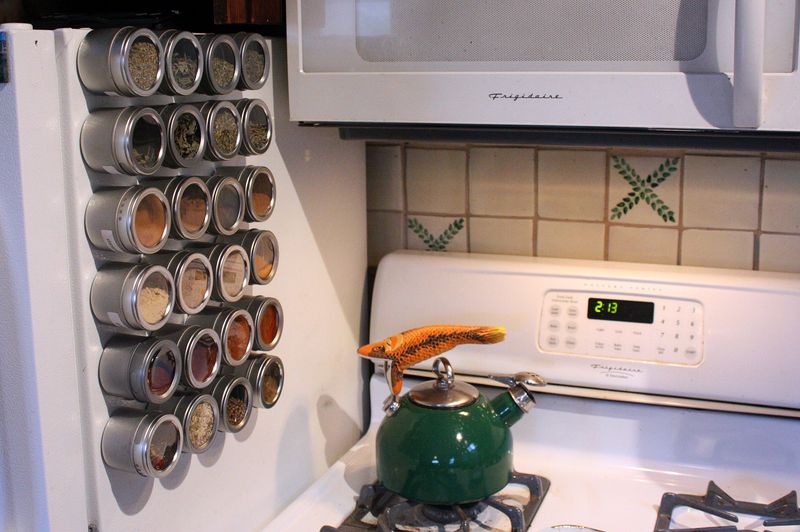 Magnetic Spice Tins on Refrigerator Side