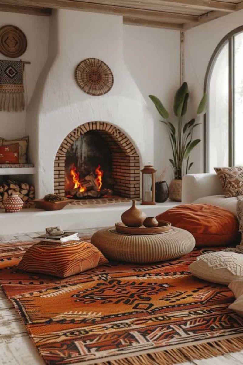 Floor Cushions Around Rustic Hearth