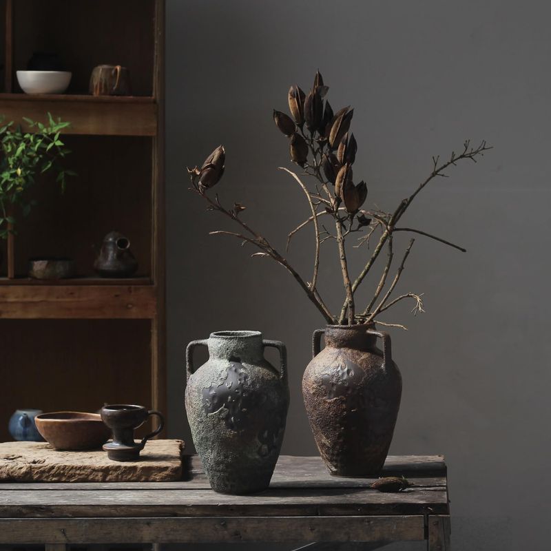 Botanical Elements In Earthenware Vessels