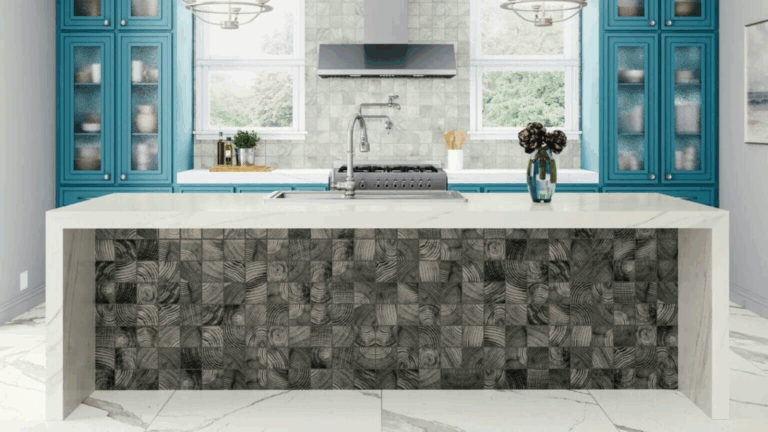 tile-inlaid kitchen island