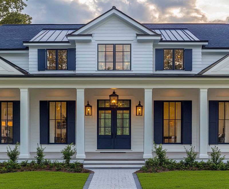 Navy Door + Crisp White Shutters