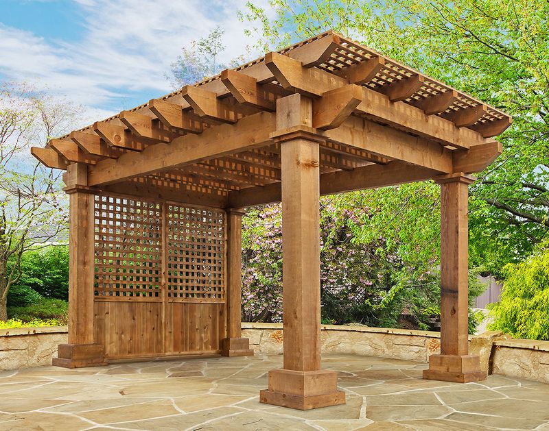 Rustic stone pillars with wooden crossbeam