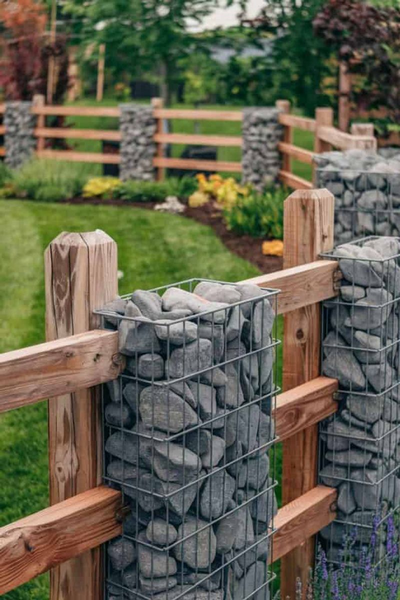 Rustic Gabion Fence with Wood Panels
