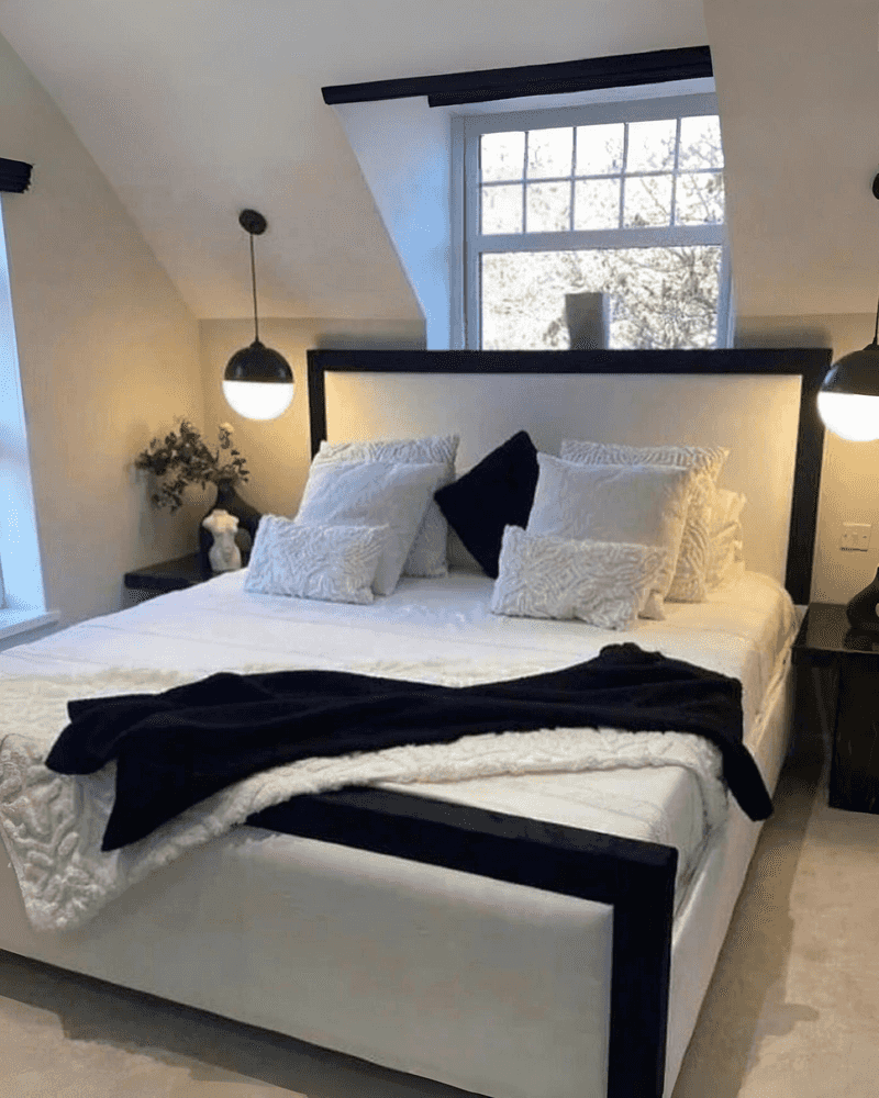 White Upholstered Headboard With Black Trim