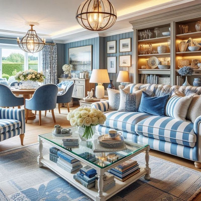 Pastel Blue and White Cottage Stripe Sofa