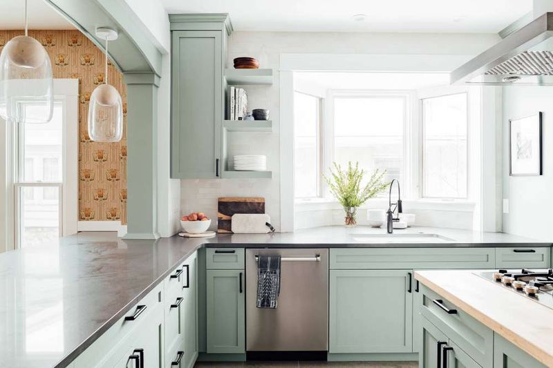 Painted Brick Pattern with Charcoal and Mint Cabinets