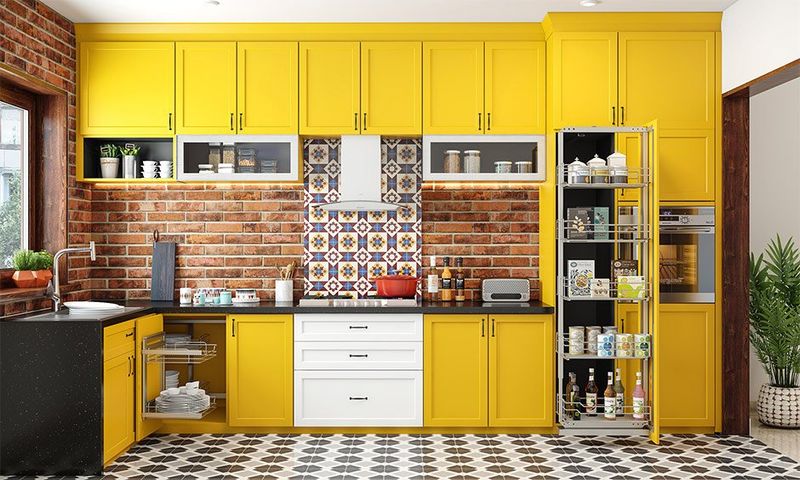 Red Brick with Sunshine Yellow Cabinets
