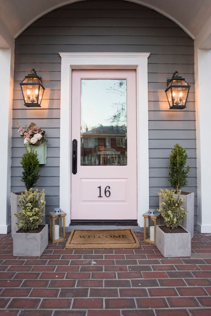 Soft Pink Door + White Shutters
