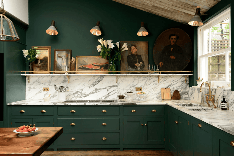 Moody Blue and Green Cabinetry