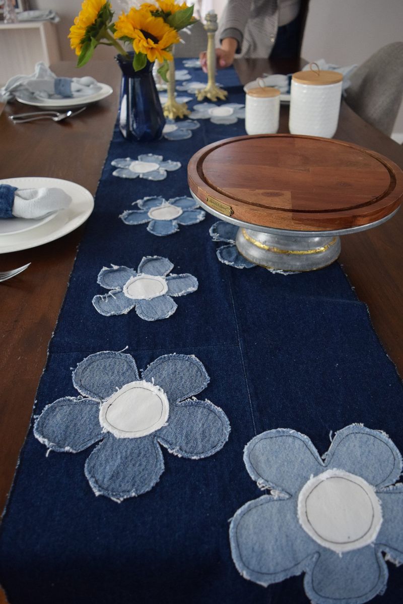 Drape denim runners across reclaimed wood tables
