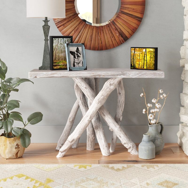 Driftwood Mirrors Above Slim Consoles