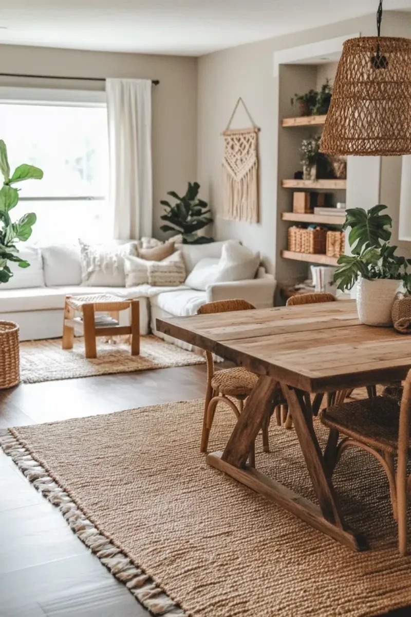 Moroccan Rug Layering Under Dining Set