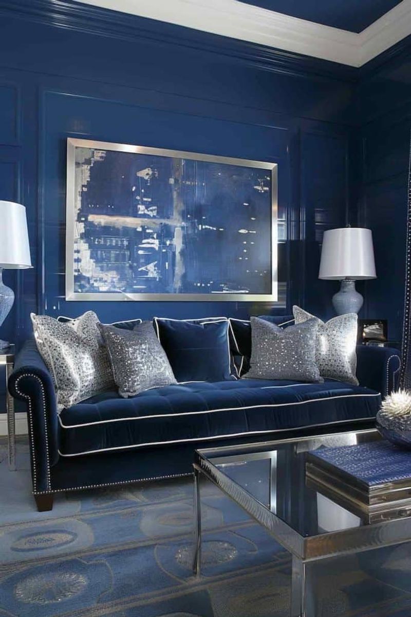 Midnight Blue Sofa With Silver Metallic Details