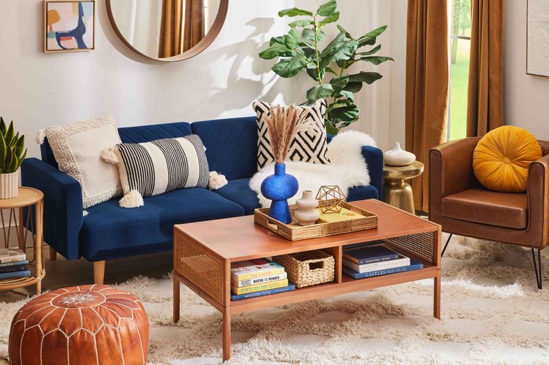 Denim Blue Sofa With Vintage Leather Accessories