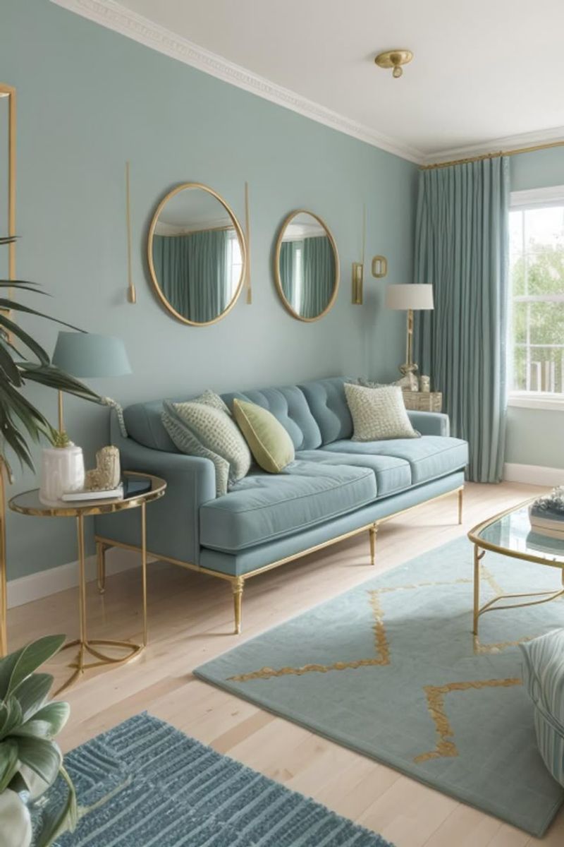 Powder Blue Sofa With Gold Hardware