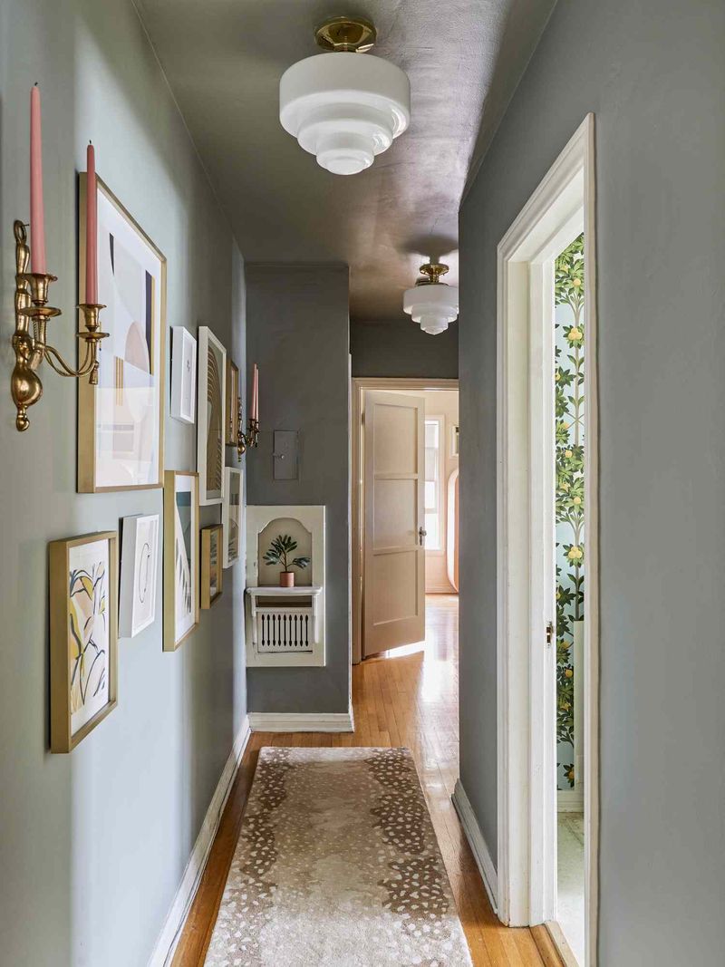 Along the edge of a hallway ceiling