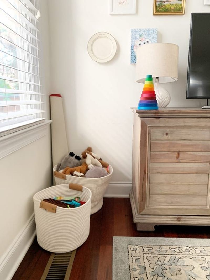 Use braided denim baskets for stylish storage