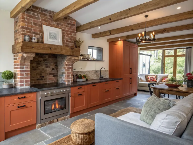 Brick Fireplace with Rusty Orange Cabinets