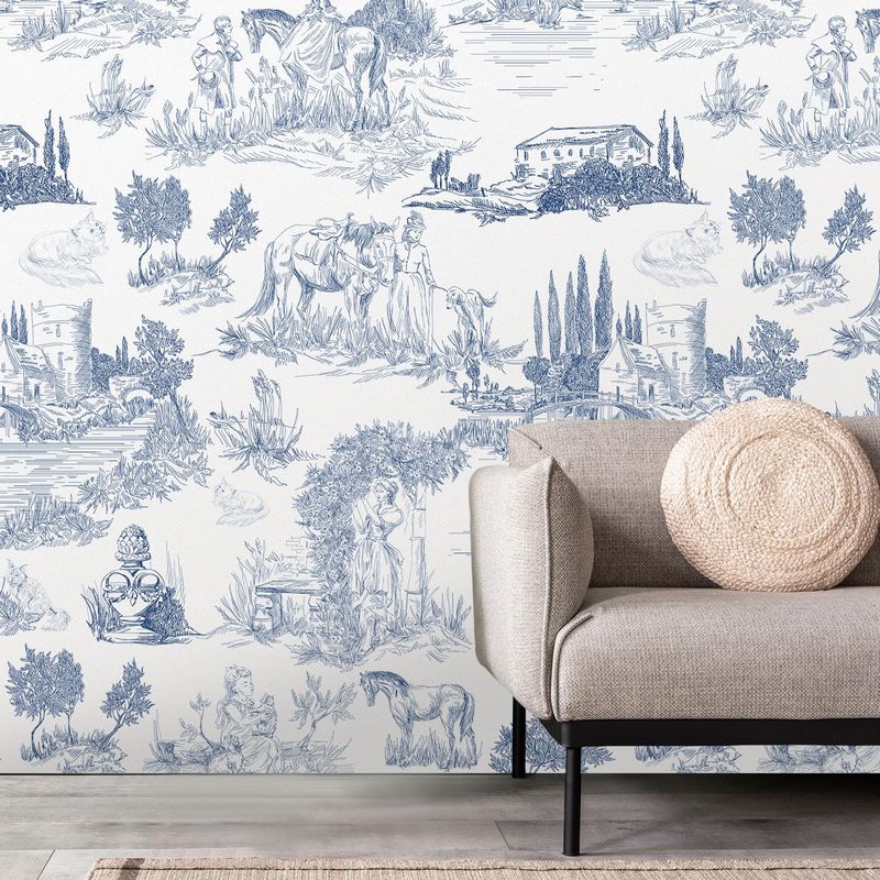 Blue and White Toile Wallpaper