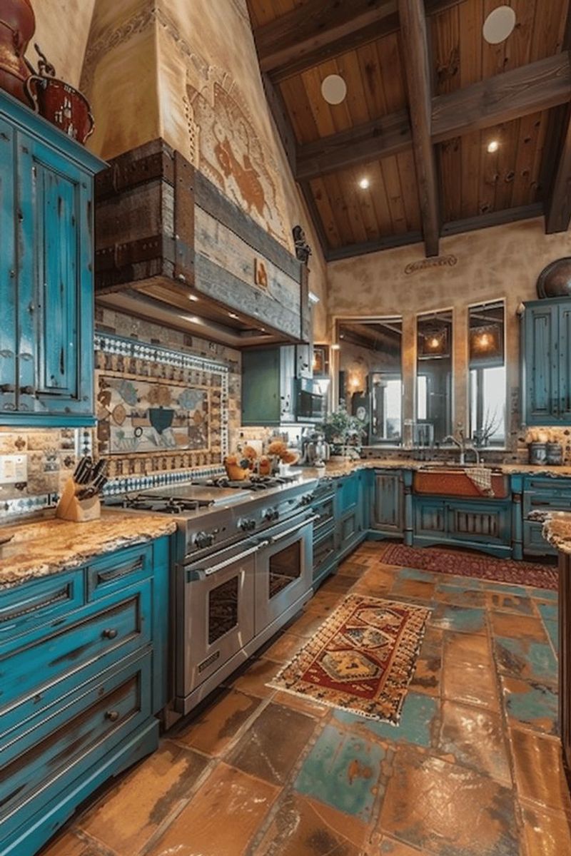 Distressed Turquoise Cabinets