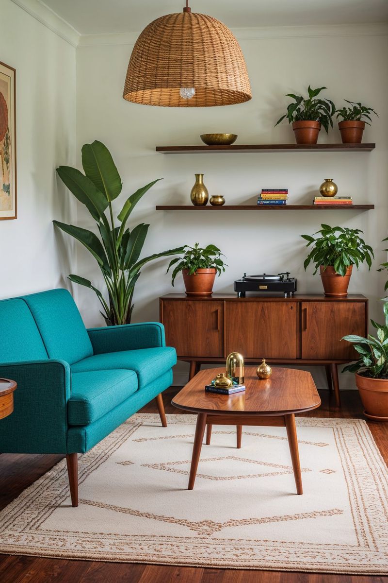 Teal Blue Sofa With Warm Wood Tones