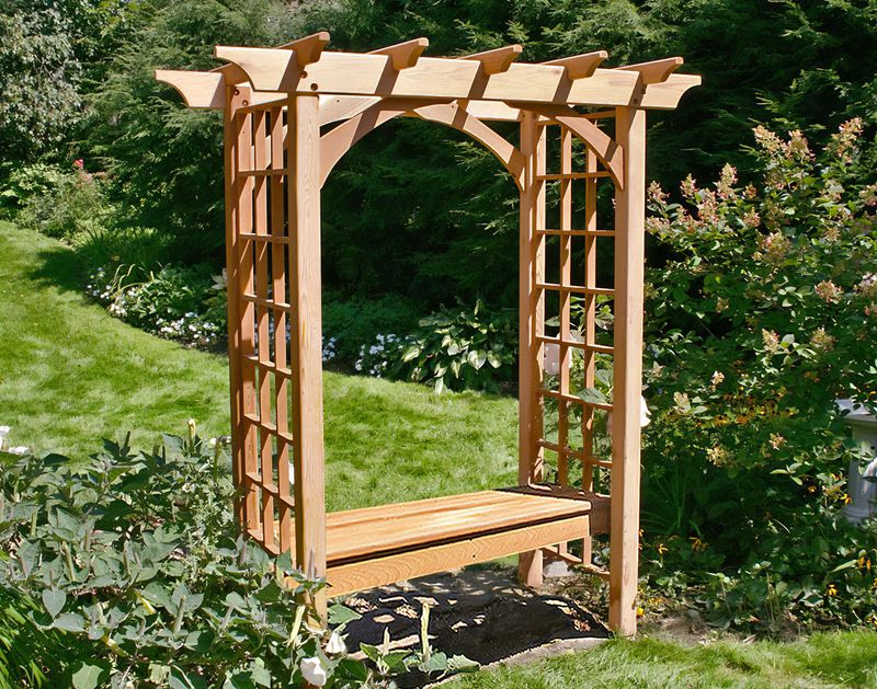 Painted white cedar arbor with bench