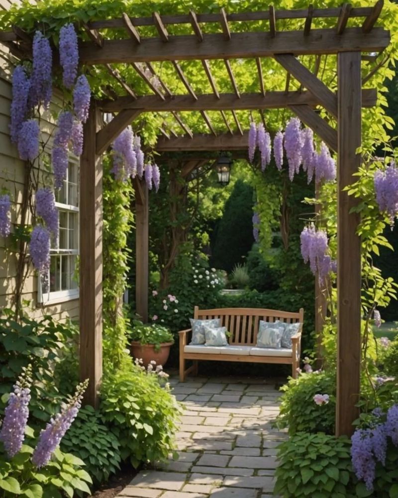 Vine-covered arbor with built-in seating nook
