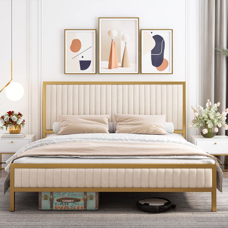 Upholstered Metal Bed With Fabric Headboard