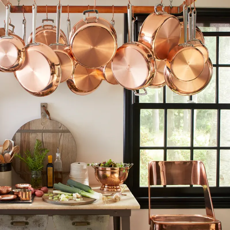 Overhead Pot Racks with Copper Collections