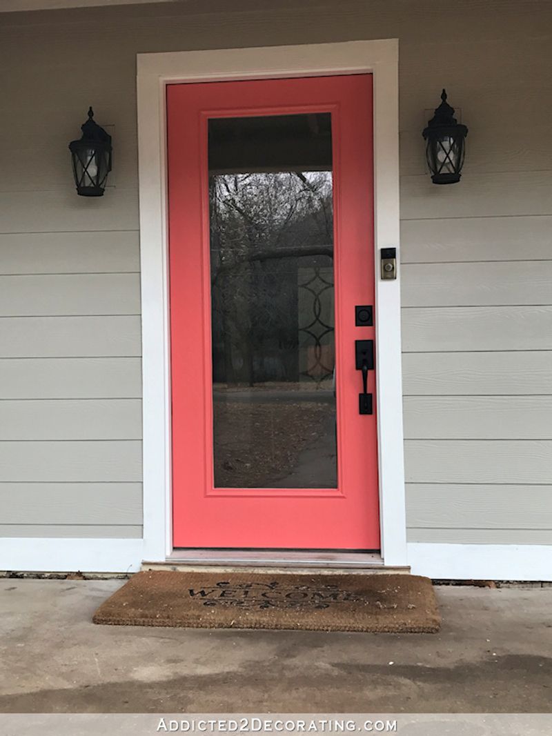 Coral Door + Soft Gray Shutters