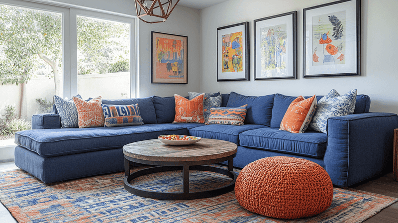 Cerulean Blue Sofa With Orange Sunset Accents