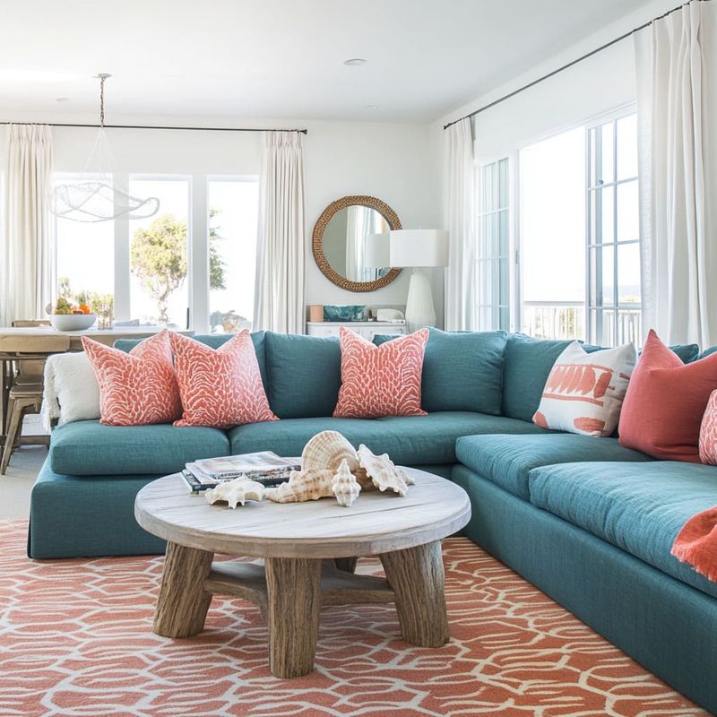 Light Blue Sofa With Coral Pink Pillows