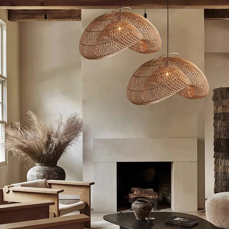Wicker Pendant Lights Over Patterned Floors