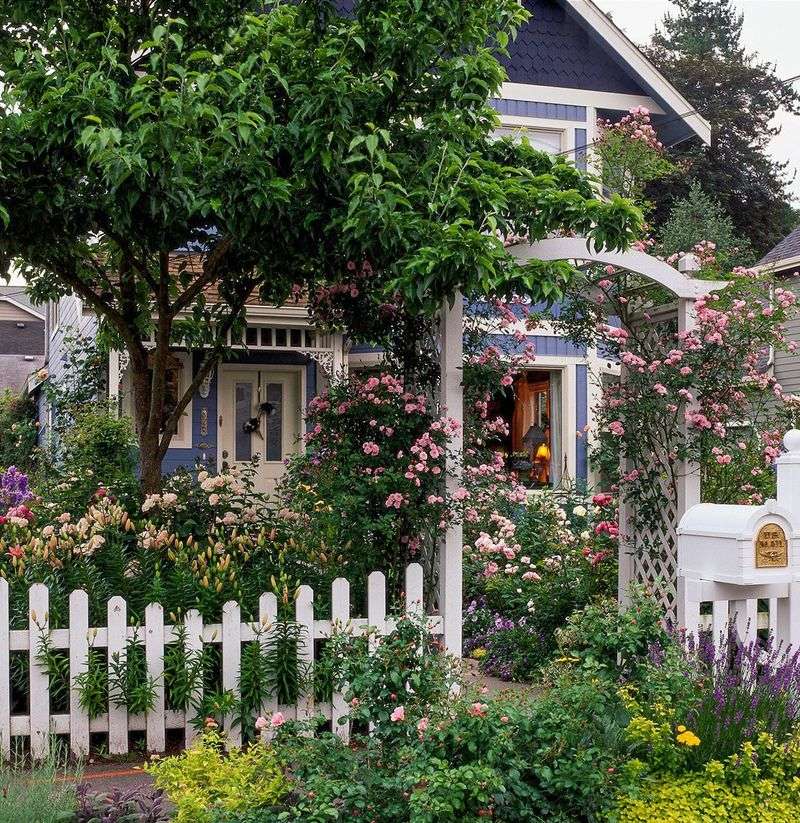 Painted pastel arbor for a cottage garden vibe