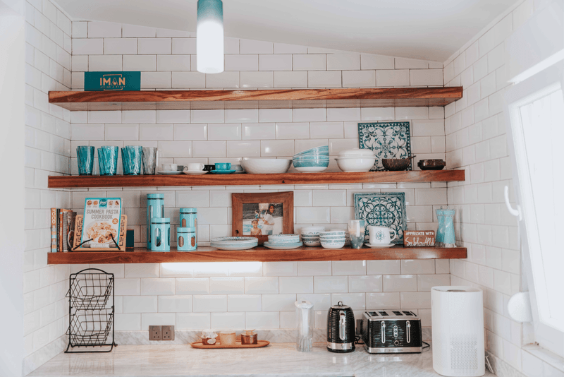 Open shelving with curated dishware