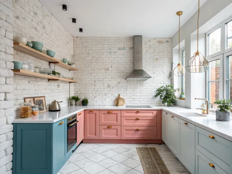 Whitewashed Brick with Color-Blocked Cabinets