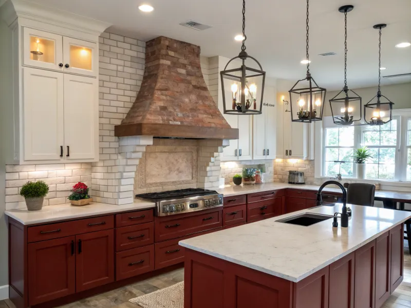 Brick Range Hood with Cherry Red Cabinets