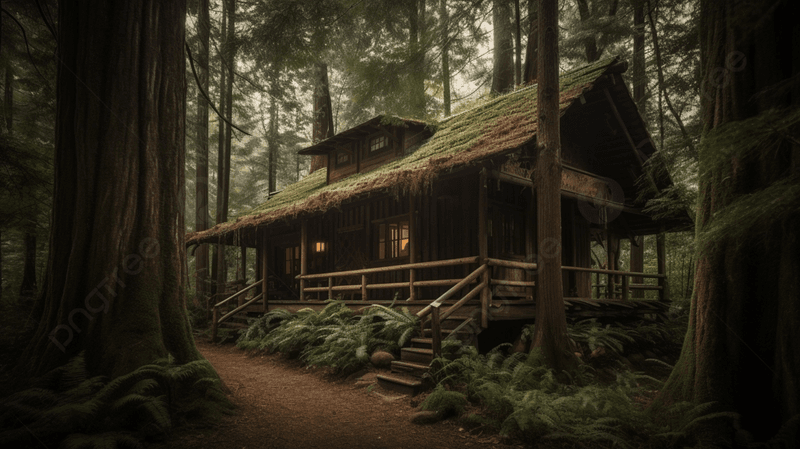 Cabin Draped in Moss and Morning Fog