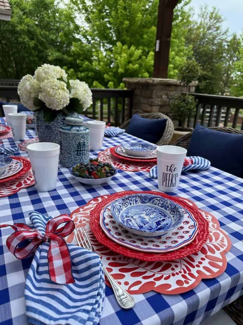 Gingham Tablecloth and Cobalt Pitchers
