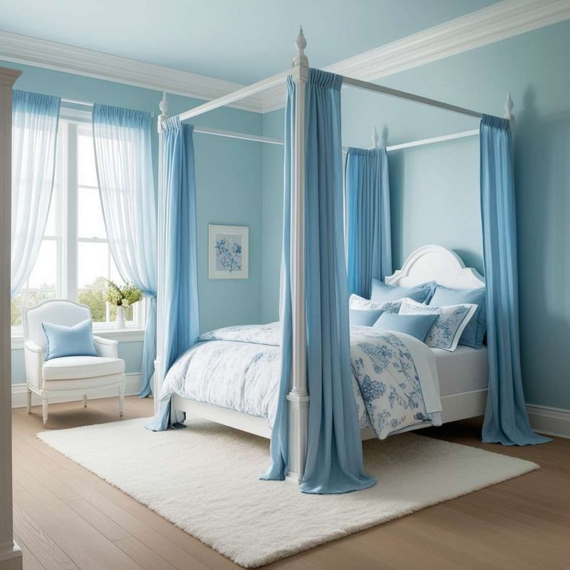 White Canopy Bed with Blue Sheer Drapes