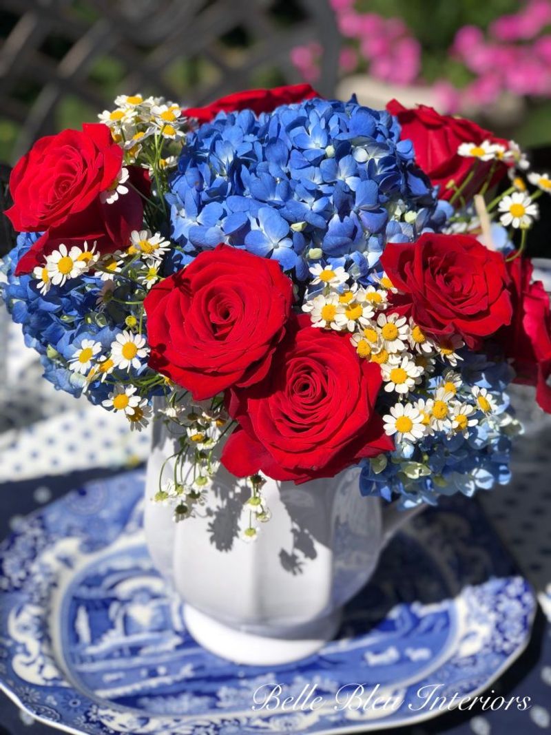 Patriotic Floral Centerpiece with White Hydrangeas and Red Roses