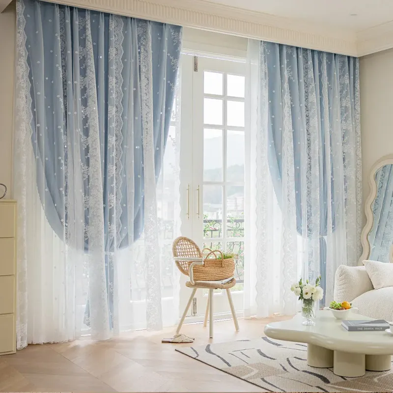 White Linen Curtains with Blue Tiebacks