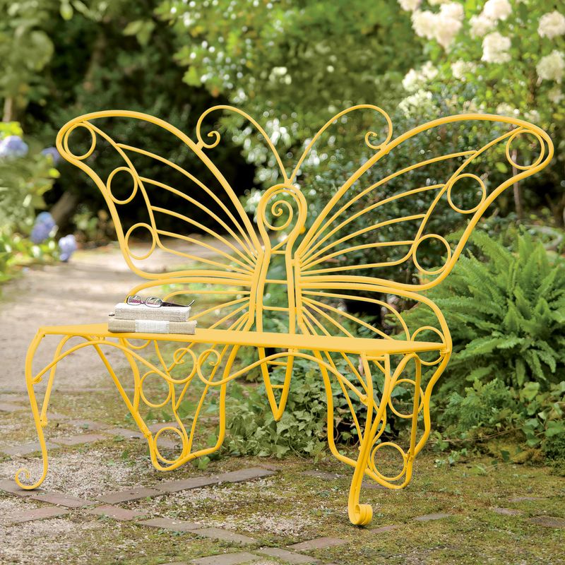 Lemon-Yellow Bench Nestled in Gravel Corner