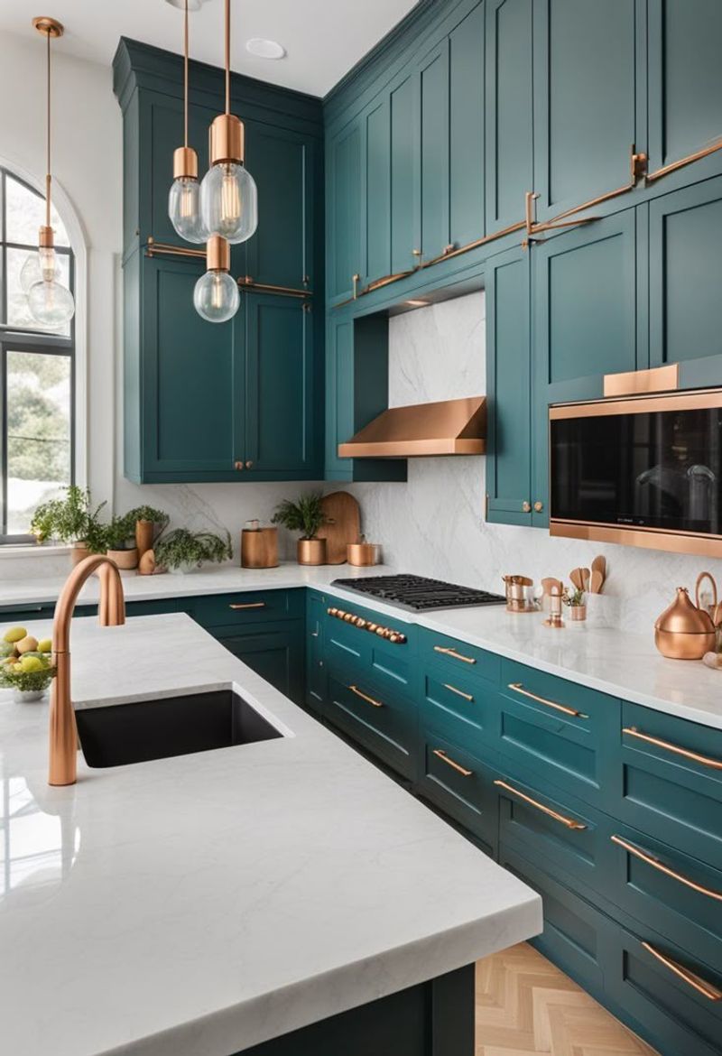 Deep Teal Cabinets with Antique Copper Hardware