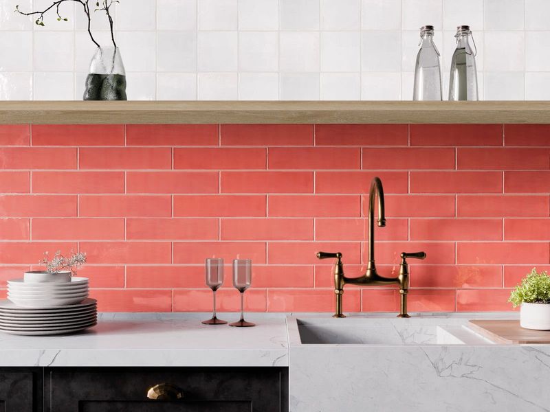 Grapefruit-Colored Tile Backsplash for a Zesty Statement
