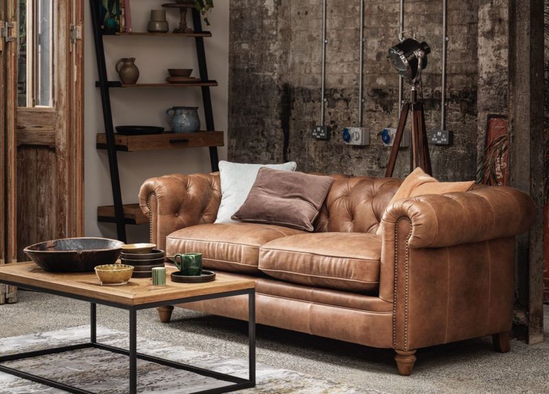 Weathered Leather Furniture Softens Hard Edges