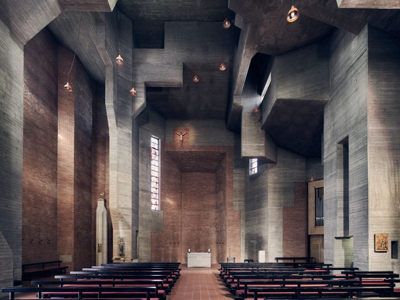 Brutalist Church with Sculptural Geometry