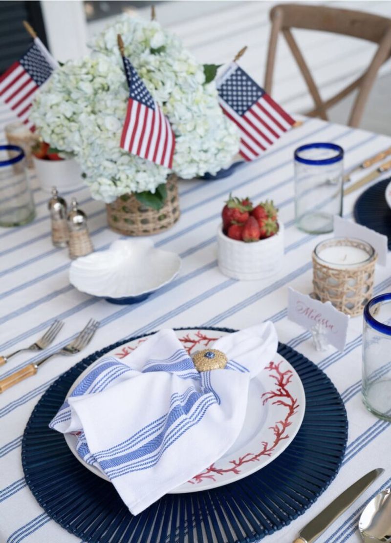 Blue Chargers Under Crisp White Plates