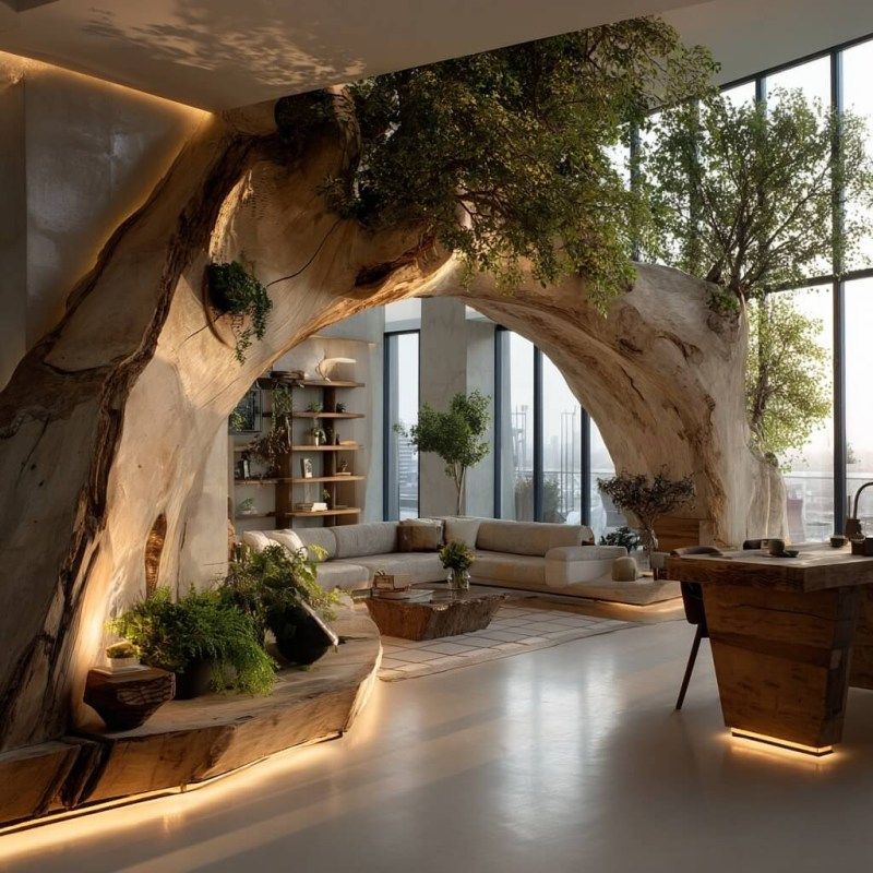 Home With Tree Trunks Integrated Into Interior